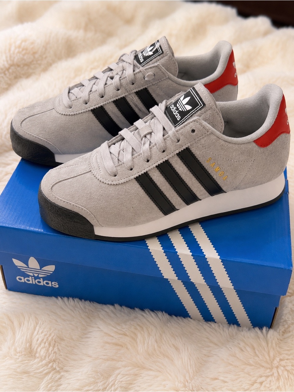 adidas Samoa Suede Sneakers in Light Gray, Black & Red